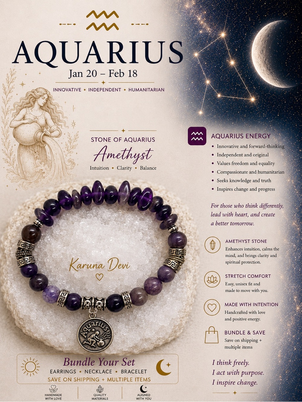 Amethyst Aquarius ♒️ Unisex Stretch Bracelet - Purple